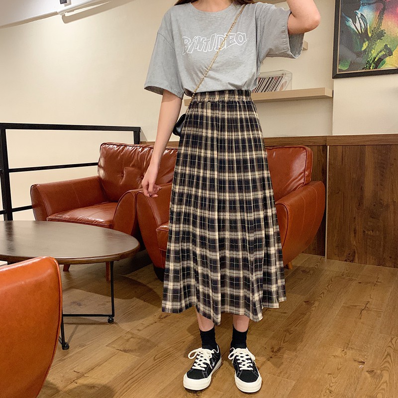 2022 musim panas Versi Korea Retro kisi garis Pinggang tinggi longgar Rok serba cocok