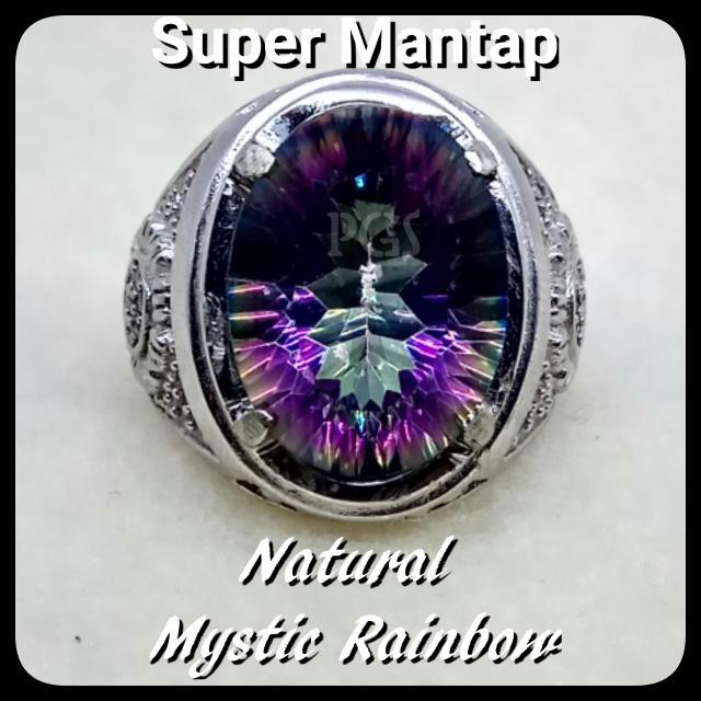 CINCIN BATU AKIK PERMATA NATURAL MYSTIC RAINBOW QUARTZ RING ALPAKA SUPER GLAMOUR