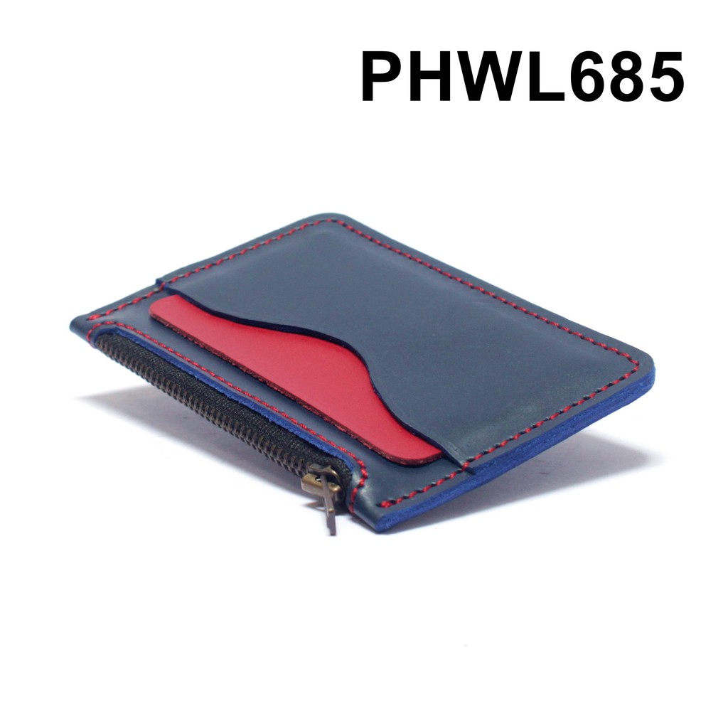 dompet kartu zipper resleting kulit asli biru merah - PHWL685