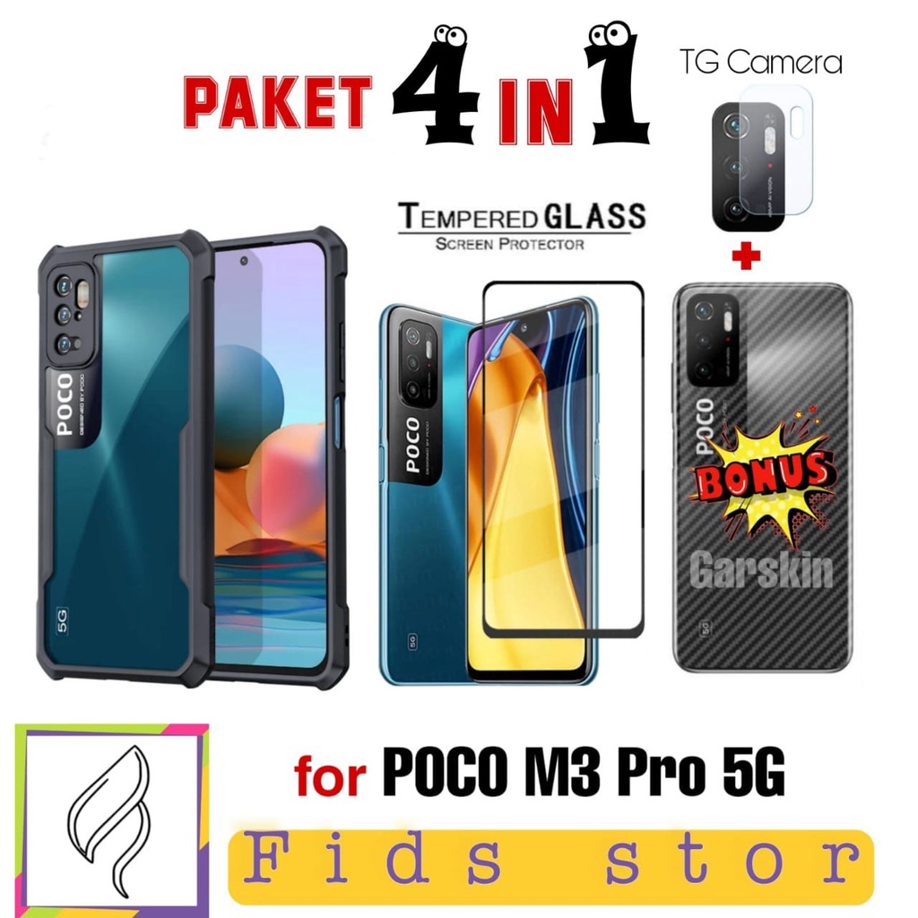 PROMO 4in1 CASE POCO M3 Pro 5G + TEMEPERED GLASS FULL COVER BLACK + CAMERA LENS PROTEC  FREE GARSKIN