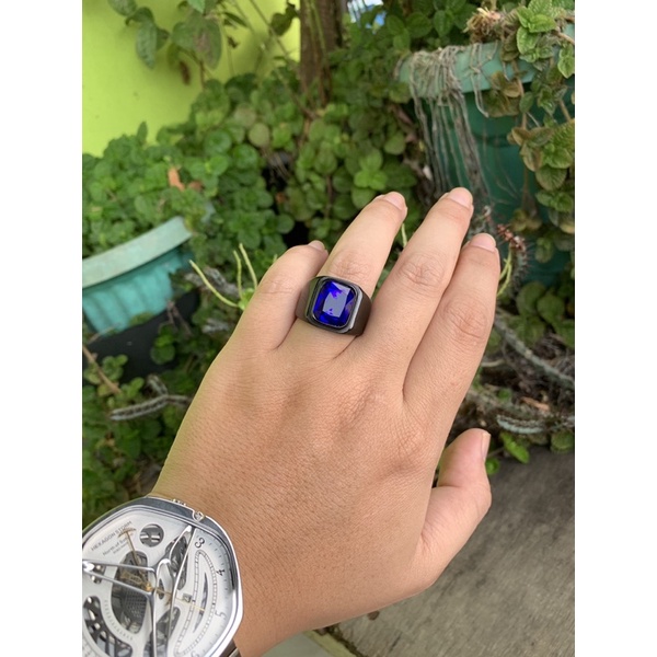 Cincin Pria Octagon Royal Blue Saphire Akik Safir Biru Ring Black Gun Titanium Stainless Steel Anti Luntur dan Karat