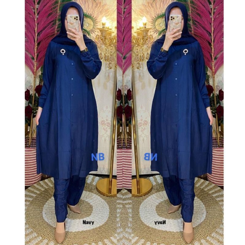 setelan tunik kancing depan baju muslimah ld 110