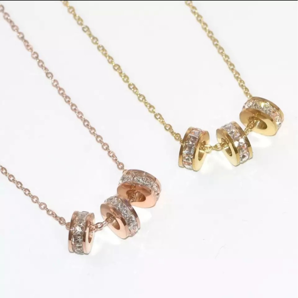 Kalung Rantai Titanium 3 Ring Kristal Putih Tersedia Warna Rosegold dan Gold