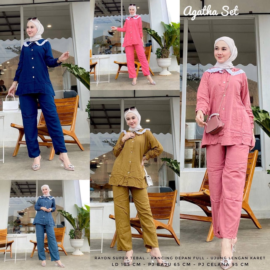 Setelan Wanita Bahan Rayon One Set Kekinian Motif Polos