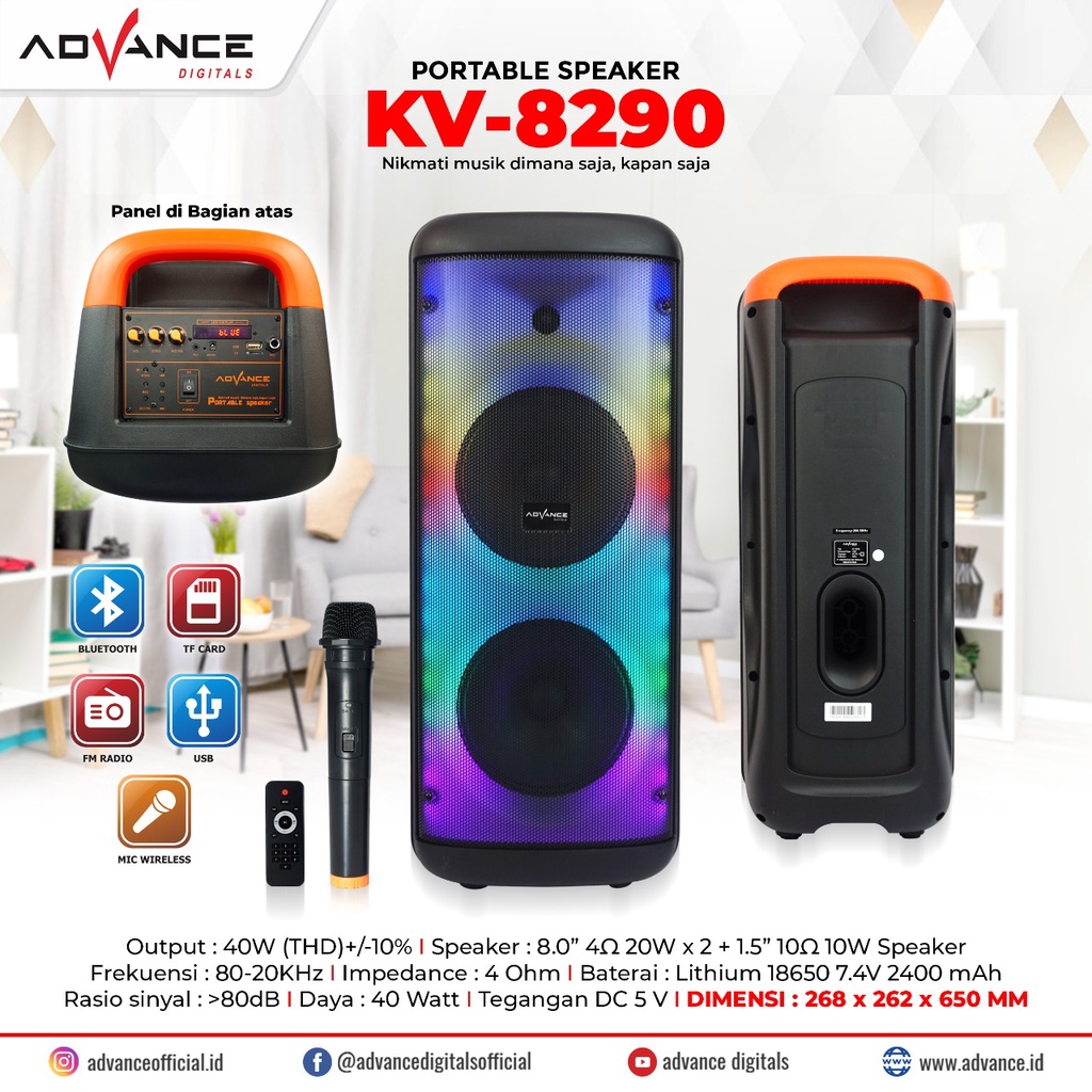 Advance KV-8290 Speaker Aktif Bluetooth 8&quot; Free 1 Mic Karoke RGB Light / Speaker Karaoke