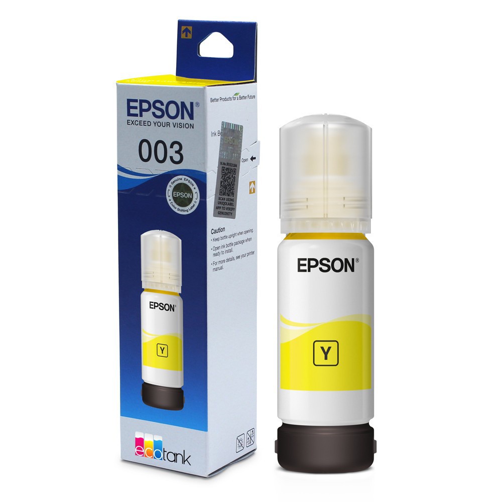 Epson Ink Bottles 003 Colour Yellow | Tinta Botol Printer Warna Kuning Untuk Printer Epson Seri L3110, L1110, L1200, L3200, L5100, L3150, L5190, L3156, L3116 ) Geniune Origianl Bisa Scan Barcode