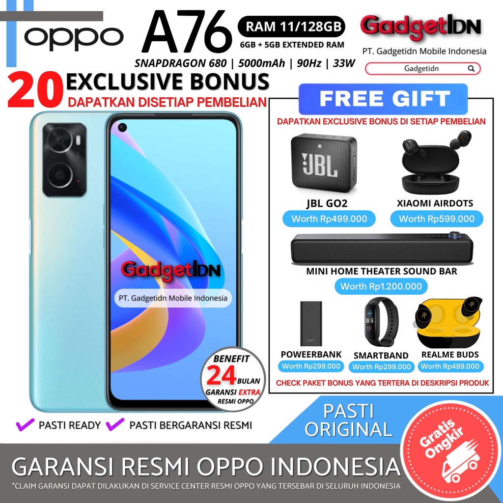 OPPO A76 11/128GB ( 6GB + 5GB EXTENDED RAM ) GARANSI RESMI OPPO