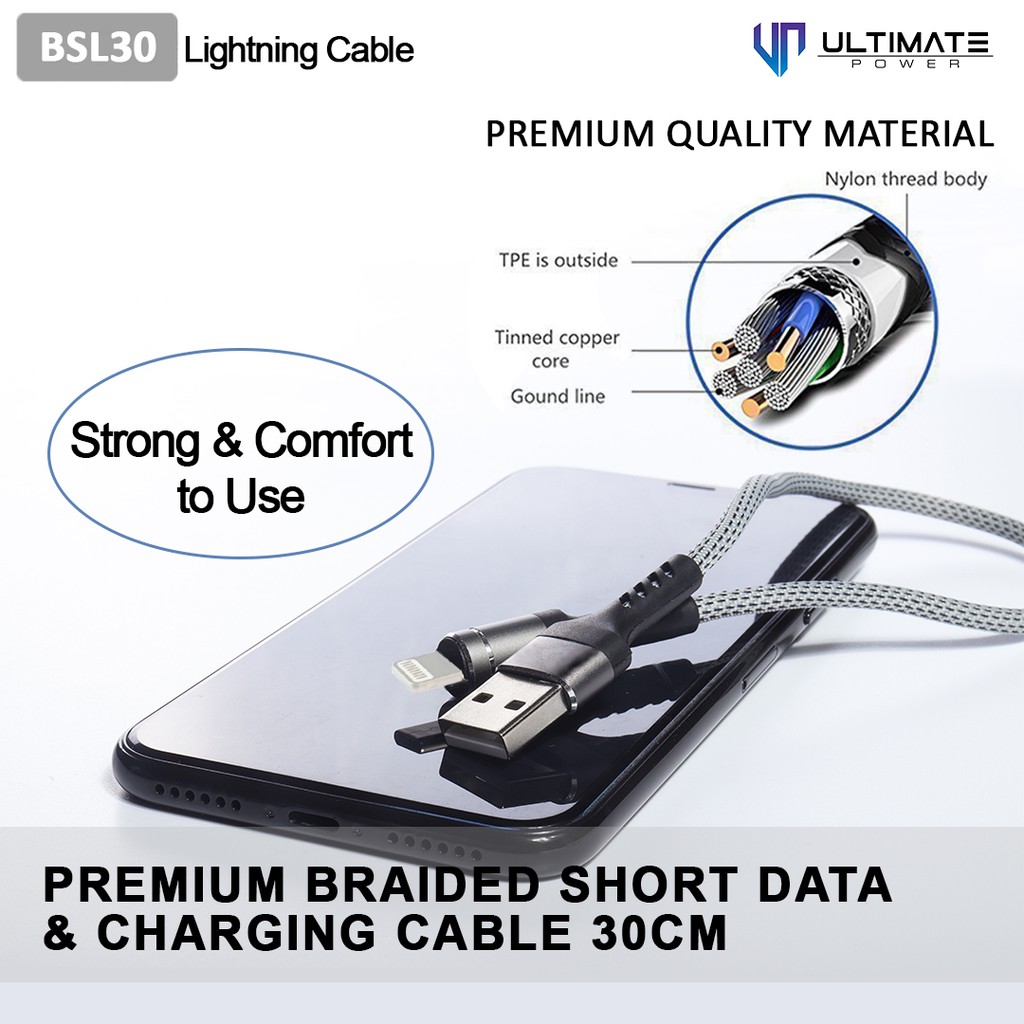 Data and Charging Cable 30CM Lightning Ultimate Power Premium Braided Kabel Ori