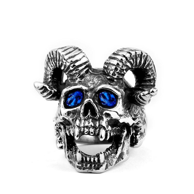 Gothic Punk Style Sheep Skull Inlaid Ring Men Gemstone