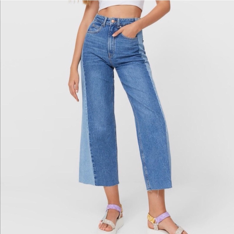 stradivarius patchwork jeans highwaist straight two tone denim wide