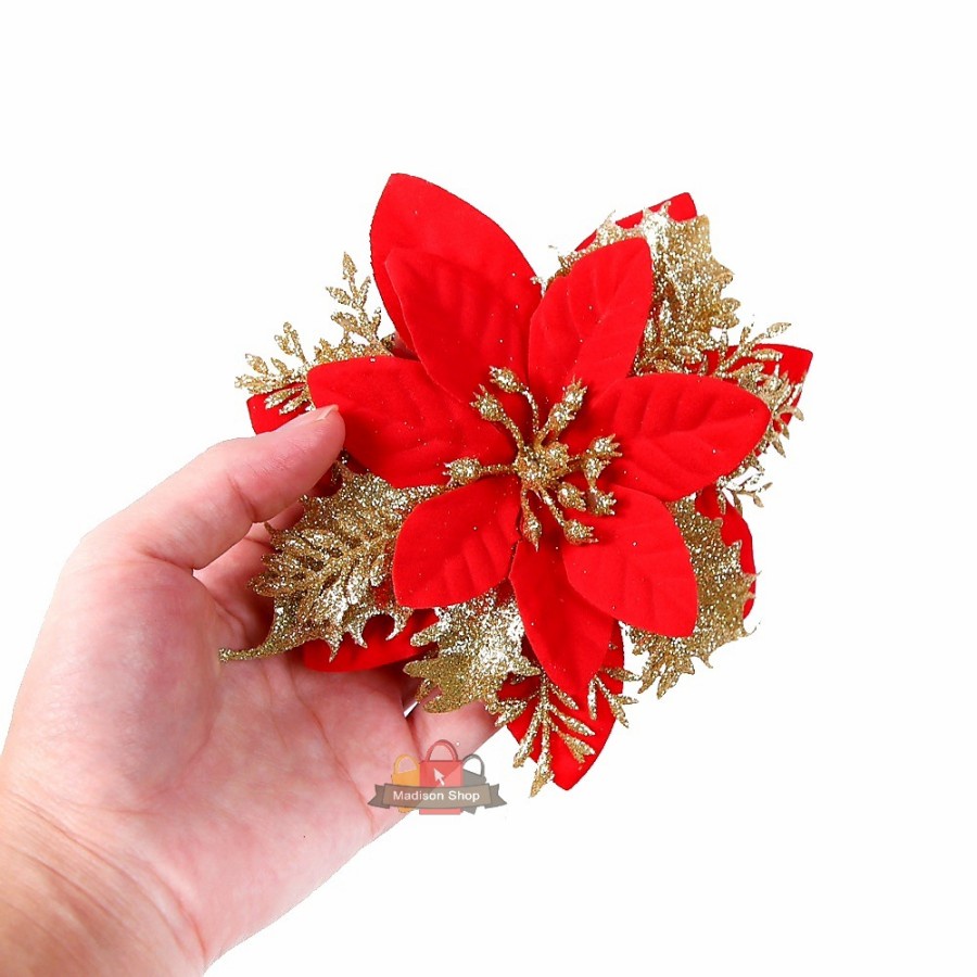 Bunga Natal Merah Gold Hiasan Parcel Christmas Flower Ponsetia Dekor