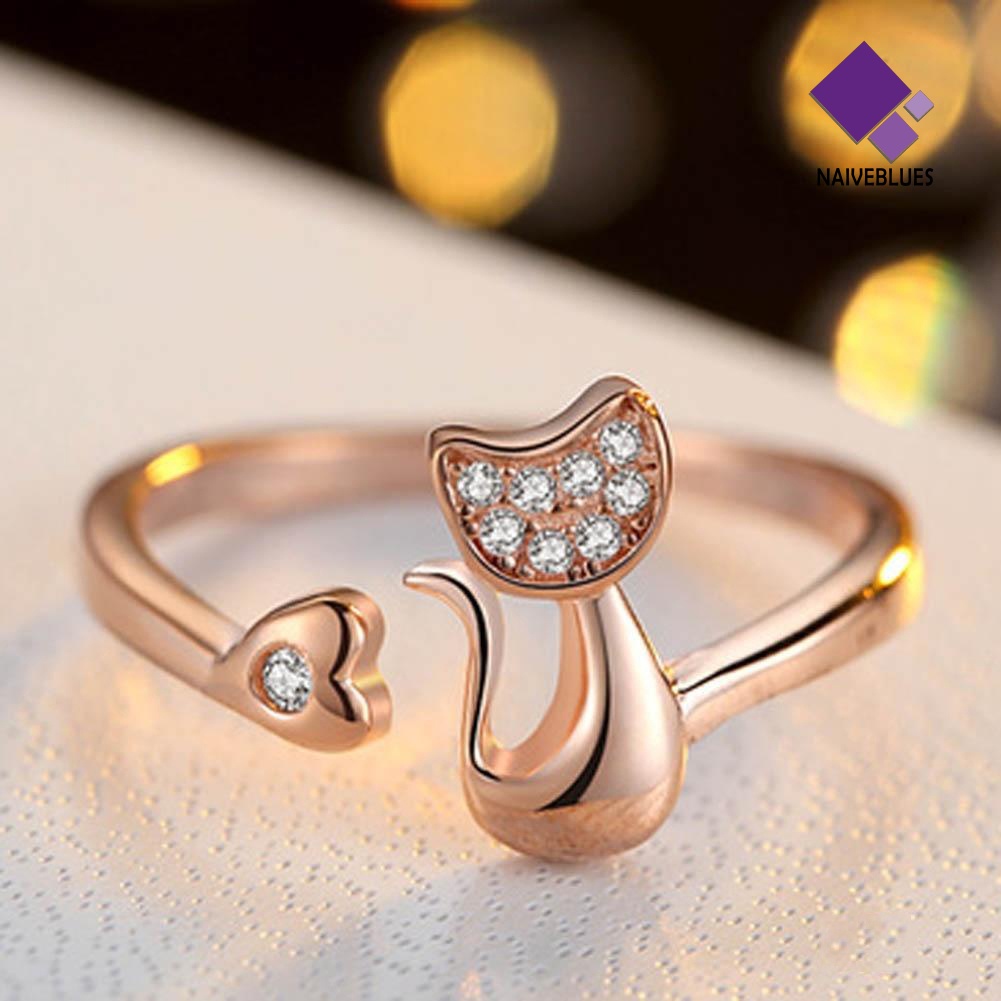 1pc Cincin Model Terbuka Desain Hewan Kucing Hati Bahan Cubic Zirconia