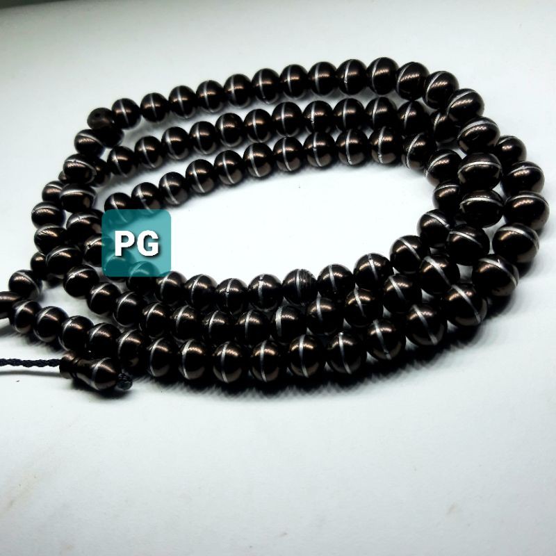 Tasbih Kaoka Hitam Hias Logam Putih Asli 100butir 8mm