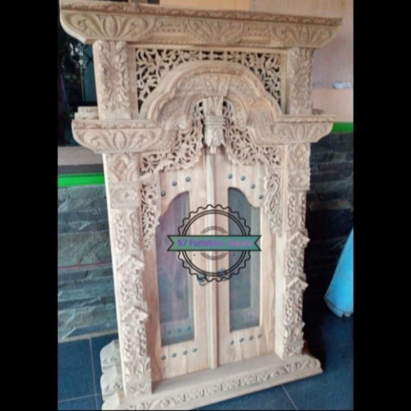 Pintu jendela model hebyok kayu jati mentahan ukir jepara jendela kaca