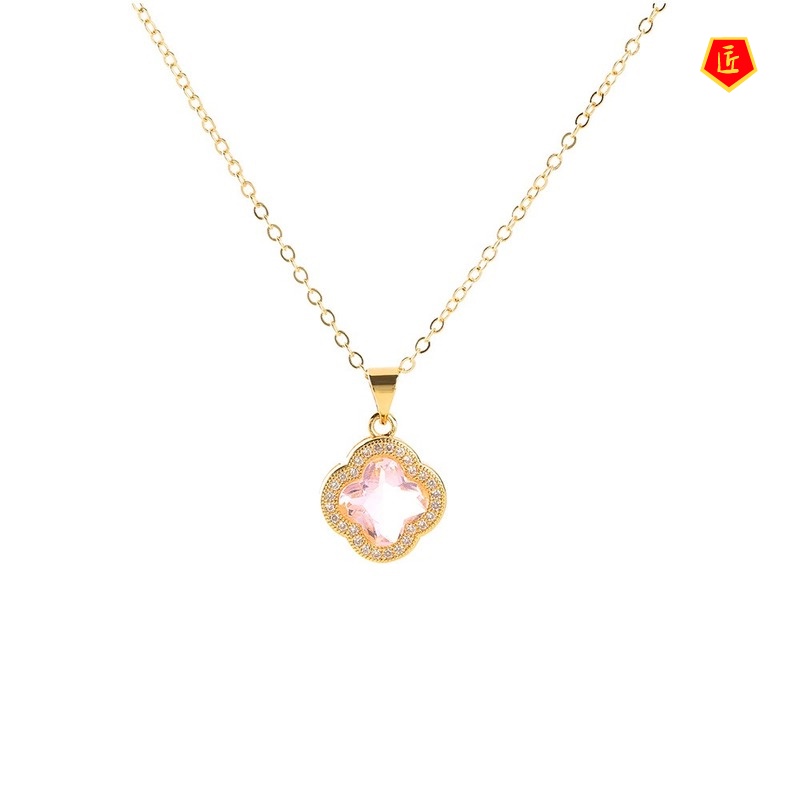 [Ready Stock]24K Golden Classic Four-Leaf Clover Finely Inlaid Pendant Simple Temperament