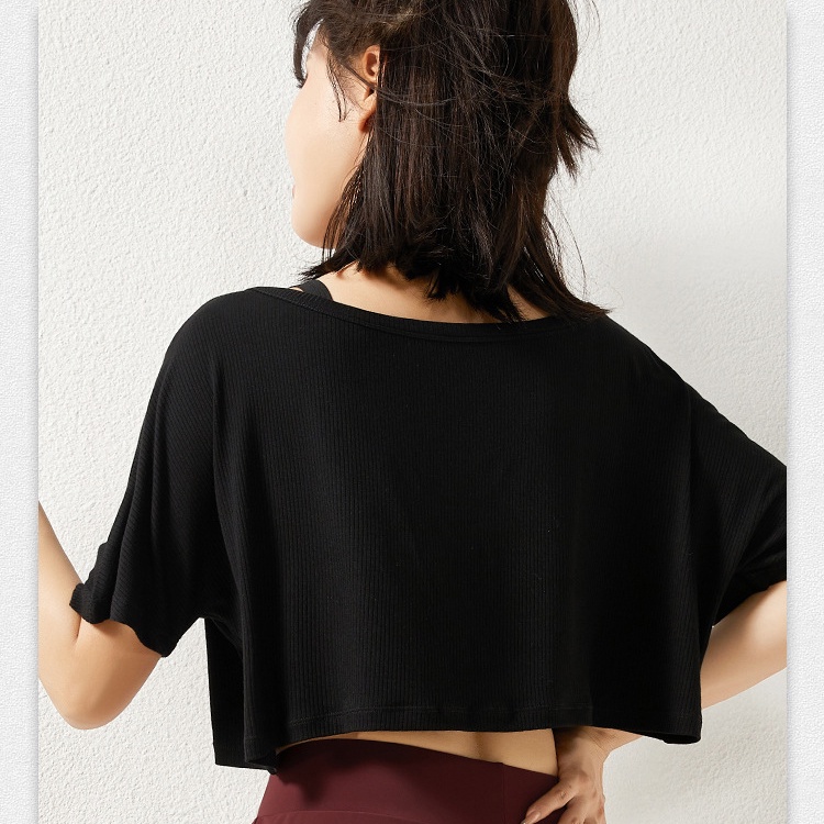 [Spot] Kaos Olahraga Pendek Wanita Crop Tee Gym Dance Cropped Pusar Nyaman Sweatshirt Lengan Pendek Longgar Pakaian Yoga-1