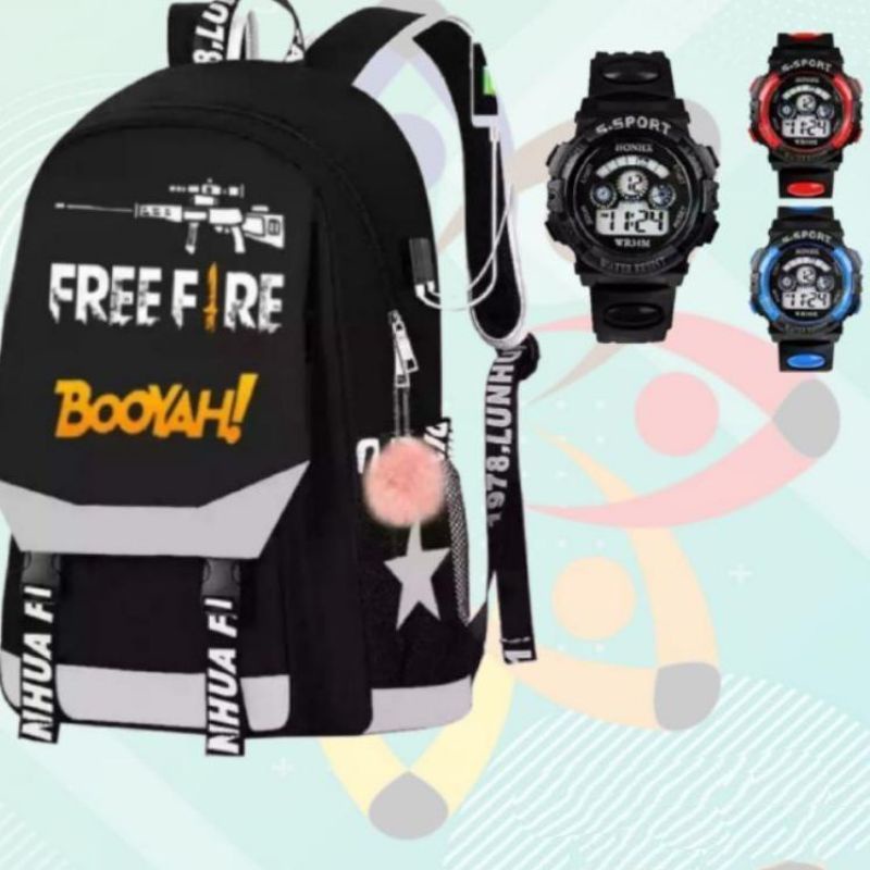 Tas Ransel Free fire - Tas Anak sekolah TK SD Bonus Jam Tangan G-Shock