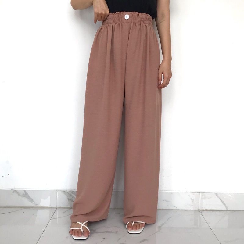 kulot pants highwaist full karet pinggang variasi kancing crinkle premium airflow