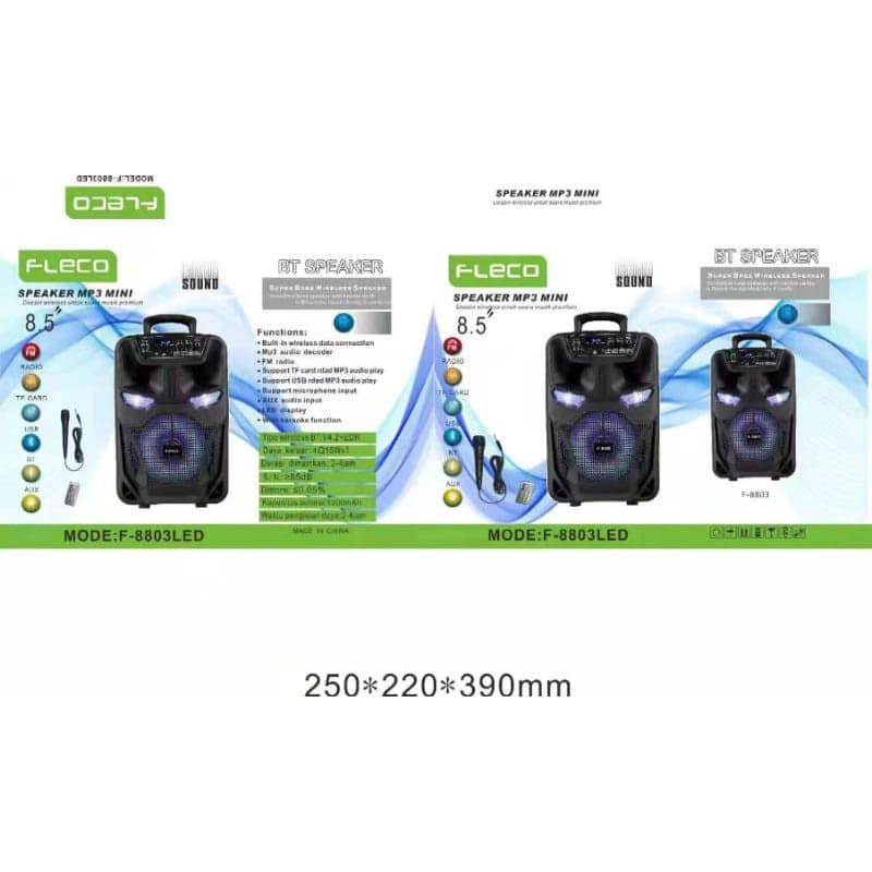 Speaker Bluetooth Karaoke Fleco F-8802 LED 8,5 Inch Gratis Microphone+Remote Super Bass