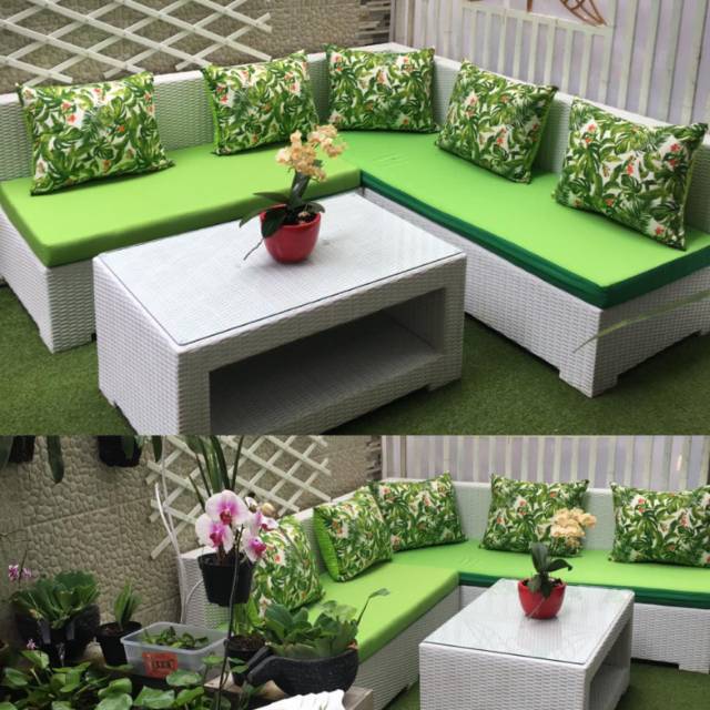 SOFA SET L WHITE PINKY ROTAN SINTETIS BOGOR CIBINONG