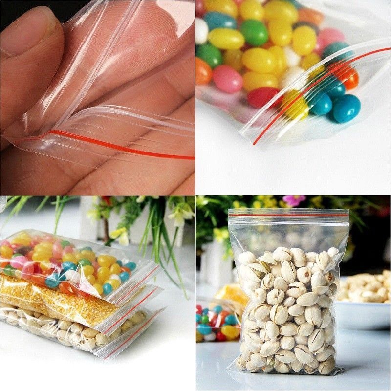 100pcs / Pak Kantong Plastik Poly Transparan Dengan Zip Lock Untuk Penyimpanan Makanan