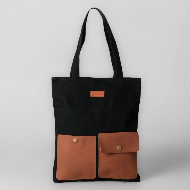 Two Pocket Tote bag Kanvas Penutup Resleting Kombinasi Kulit