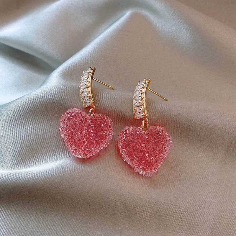 Anting Juntai Bentuk Hati Warna Pink Aksen Kristal Untuk Wanita