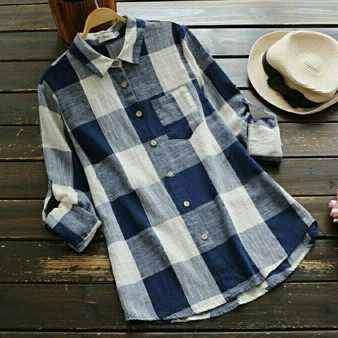 YUK BELI ATASAN KEMEJA BLOUSE BAJU KOTAK WANITA KOREA BANGKOK IMPORT NAVY