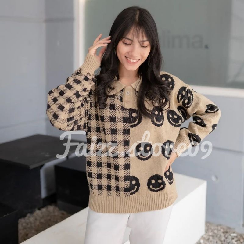 SWEATER RAJUT MOTIF SMILE SQUARE | BLOUSE KERAH RAJUT PREMIUM MOTIF Smile| BLOUSE RAJUT TEBAL Wanita STORE09 Murah