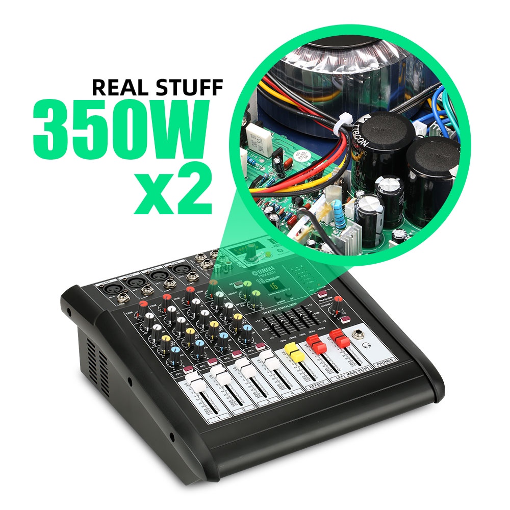 Mixer Audio Profesional PMX402D/PMX402S 4 saluran dengan efek 16DSP bawaan Penguat daya 350 watt 2 saluran Dilengkapi dengan 2 mikrofon nirkabel UHF Penyesuaian EQ equalizer 7-band 2-lapisan Mendukung pemutaran Bluetooth/USB/PC/MP3