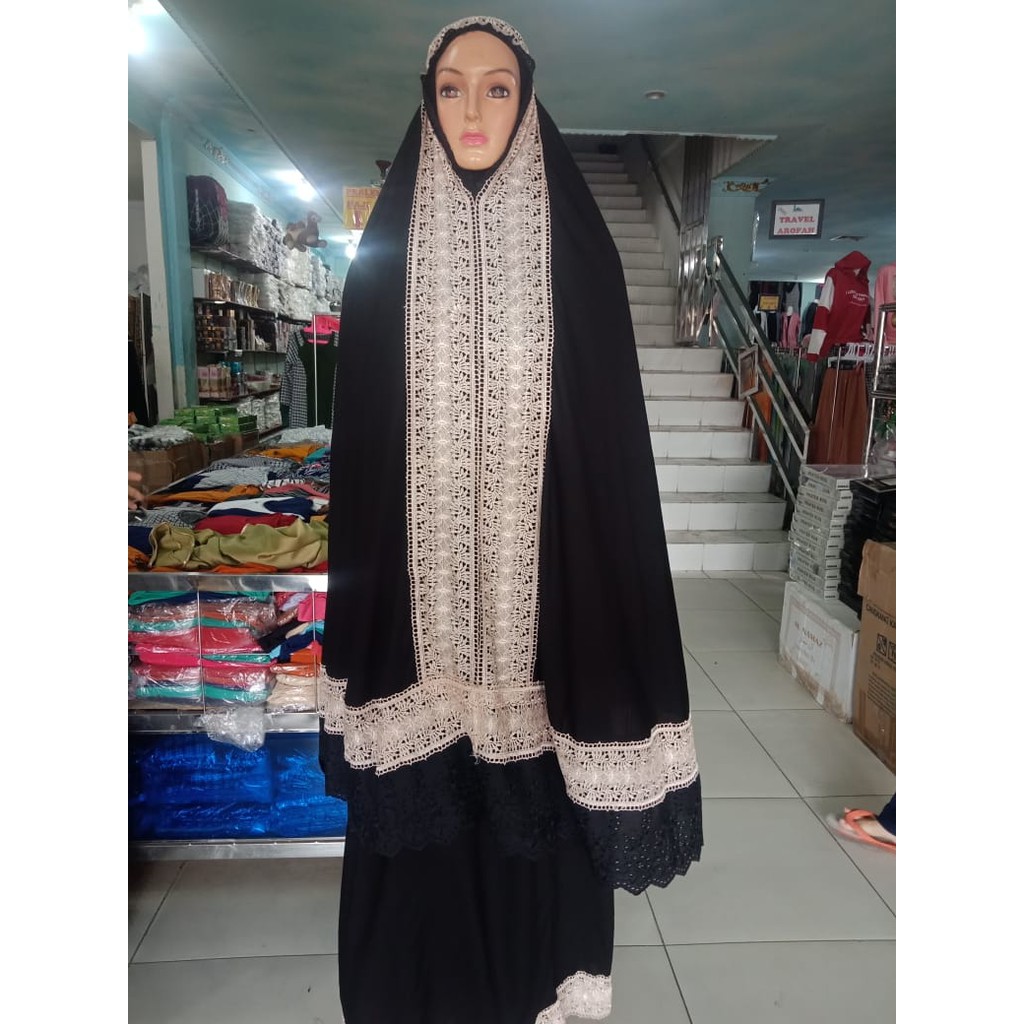 Mukena Hitam Katun Renda Tas
