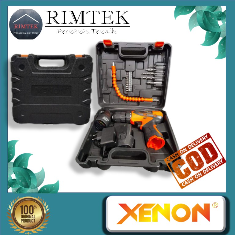 Bor Baterai XENON CDD505 Bor Cordless Drill lengkap mata bor mata obeng flexible 2 Baterai