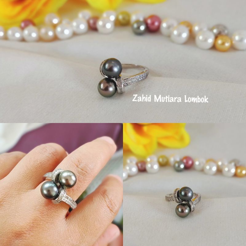 Cincin rodhium mutiara air laut hitam grade A