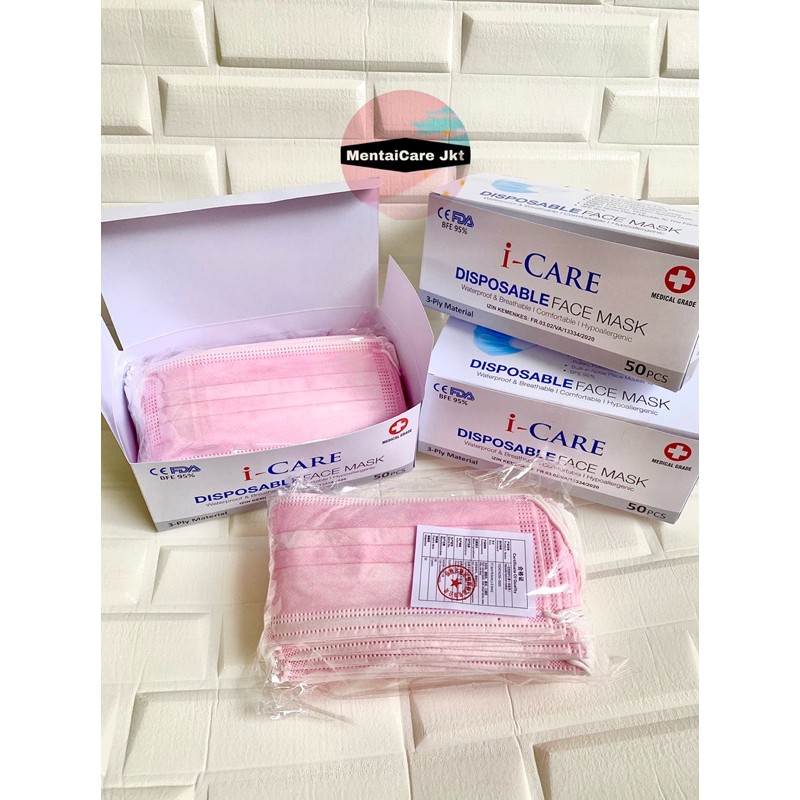 Masker Pink / Merah i-Care 3ply isi 50pcs face mask earloop Icare