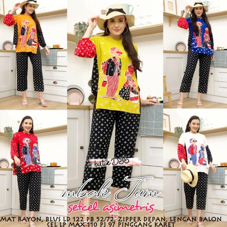 Produk Oneset rayon premium mbok jum baju setelan wanita blus asimetris celana motif karakter batik 