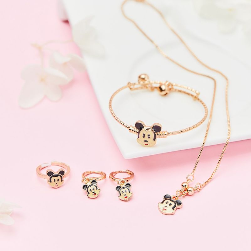 Set Perhiasan Anak Lapis Emas 24k Mickey Mouse Set Gelang Anak Titanium Kalung Anak Satu Set