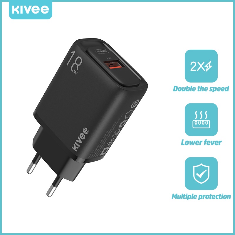 KIVEE charger oppo xiaomi Samsung fast charging 18w Quick 3.0 kepala charger original Wall Charger 3.1A 1 tahun garansi-KV-AE76 black 18w