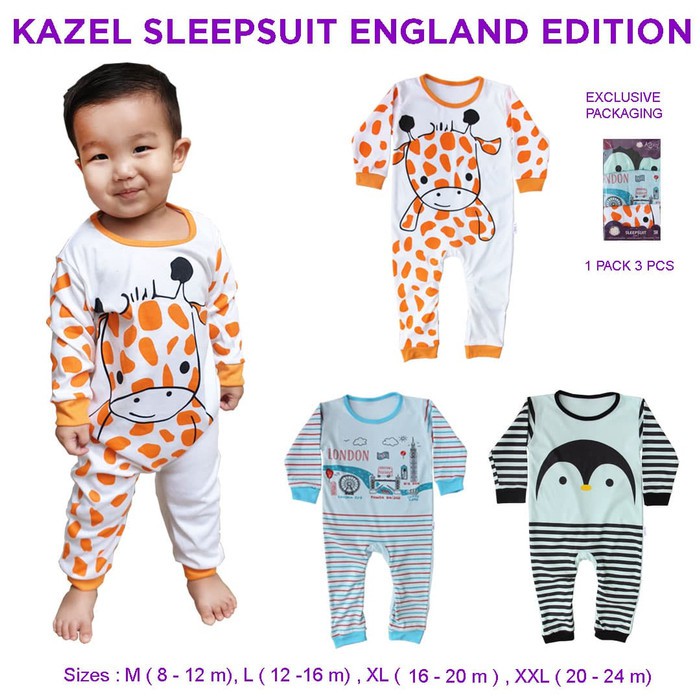 3pcs Kazel Sleepsuit Bayi England Edition Buka Kaki Baju Baby Boy 0-24 Bulan