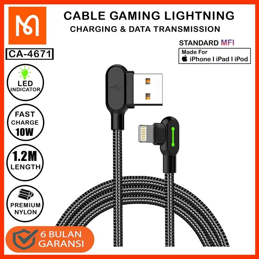 MCDODO CA-467 Cable Lightning Gaming Led 90 Lightning Fast Charging 2A 1.2M 1.8M 3M Kabel Charging Lighting Gaming Letter L