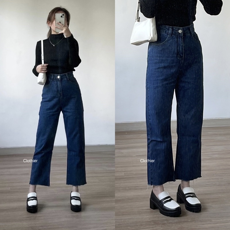 CLOTHIER - Bailey Mom Jeans | Unfinished Hem Cropped Dark Blue Washed Denim