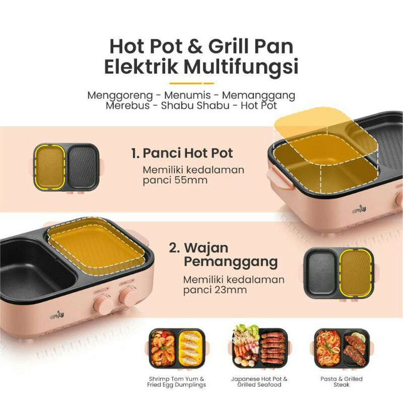 Emily 2 in 1 Electric Grill &amp; Hot Pot 1 Liter / Pemanggang BBQ &amp; Perebus Makanan