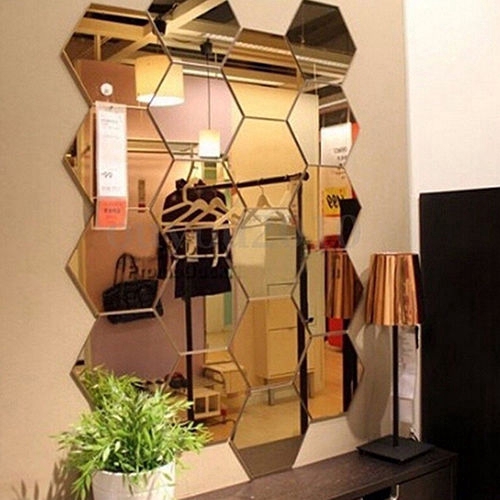 [Grosir] Diy Wall Art Mural Decals Kamar Dekorasi Kamar Tidur 3D Removable Hexagon Mirror Acrylic Self Adhesive Stiker Dinding Decal