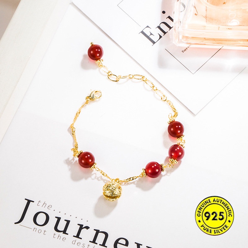 Au750 Gelang Tangan Manik-Manik Batu Agate Merah Vintage Untuk Wanita U1004