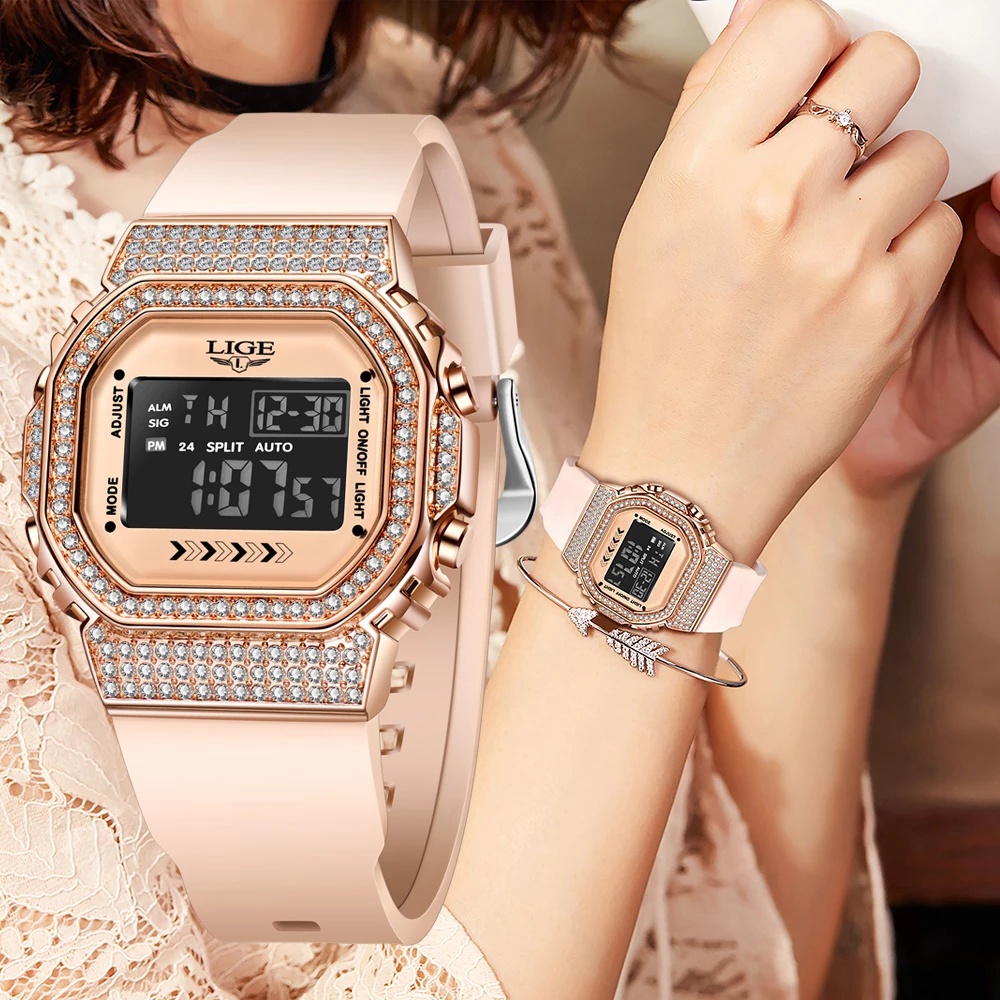 LIGE Jam Tangan Silikon LED Wanita, Arloji Dial Berlian Gelang Quartz Digital Olahraga Tahan Air + K