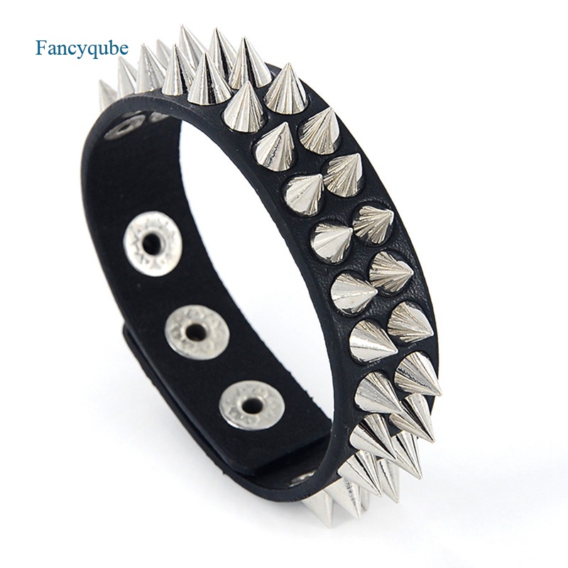 Fancyqube Gelang Bangles Bahan Kulit Warna Hitam Gaya Gothic Untuk Pria Dan Wanita