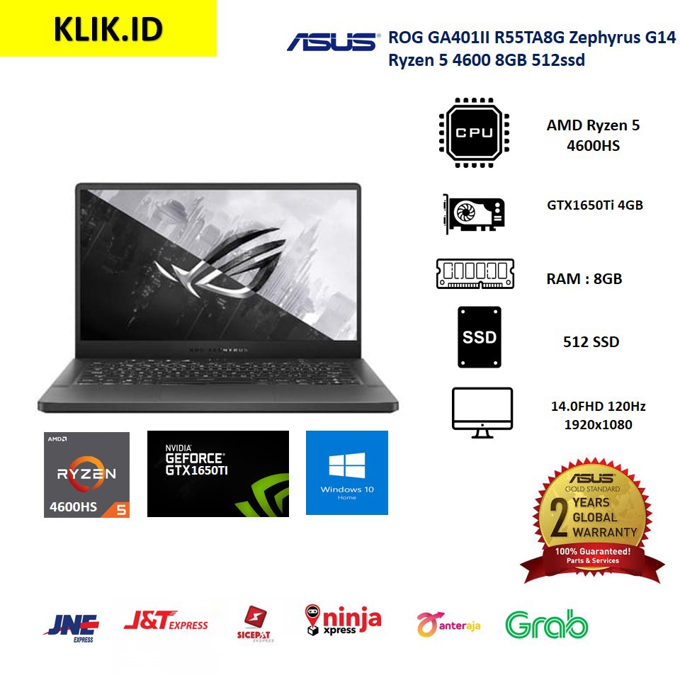 Asus ROG GA401II R55TA8G Zephyrus G14 Ryzen 5 4600 8GB 512ssd GTX1650Ti 4GB W10 14.0FHD