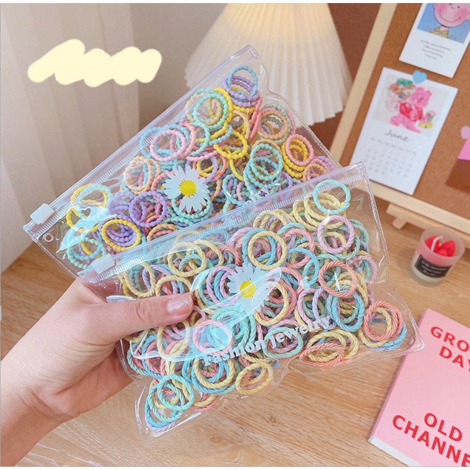 K55 NEW (100PCS) Ikat Rambut Tambang Set Free Pouch Daisy Flower / Kuncir rambut panytail pouch