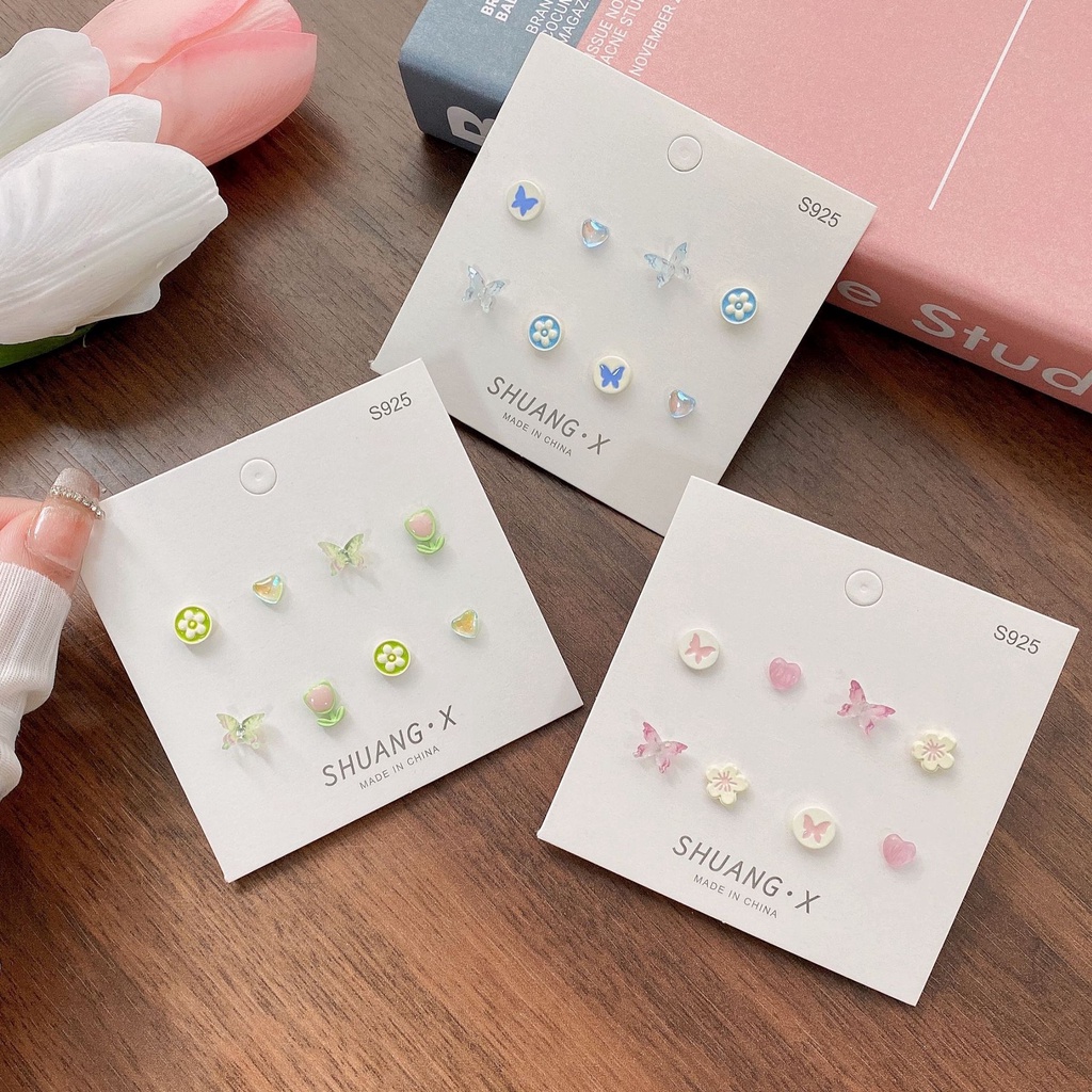 Anting Stud S925 Bentuk Kupu-Kupu Hati Bunga Bahan Resin Untuk Wanita