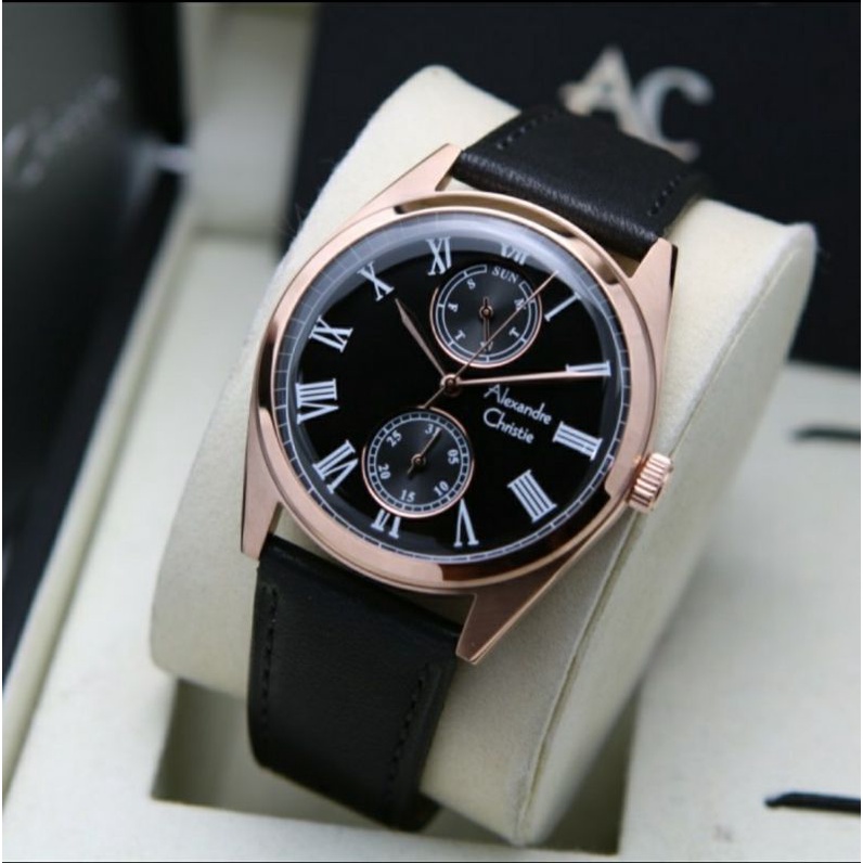ORIGINAL GARANSI RESMI JAM TANGAN PRIA ALEXANDRE CHRISTIE BLACK ROSEGOLD KULIT STRAP ARLOJI WATCH CO