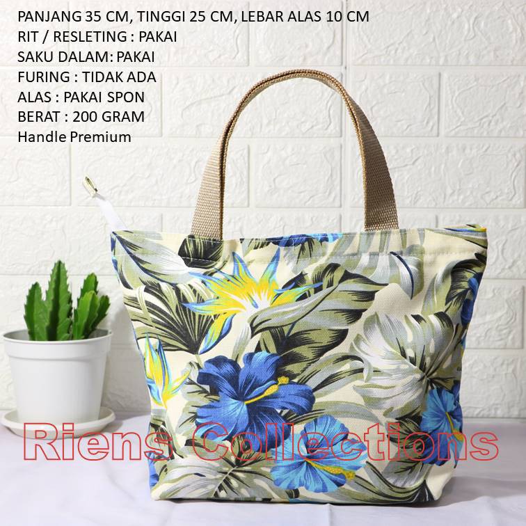 RIENS COLLECTIONS. TAS KANVAS HANDBAG KANVAS BESAR MOTIF BUNGA SEPATU BIRU